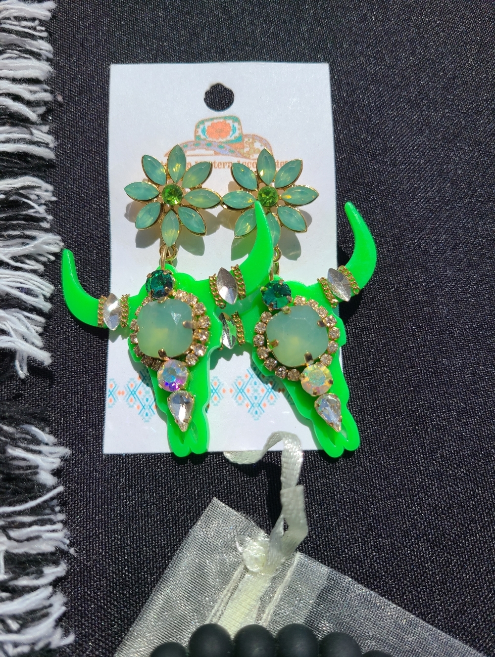 Green Floral Bull Skull Statement Earrings
